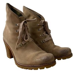 UGG Authentic Calynda Tan Mid Ankle Lace Up High Heel Boots Genuine Leather